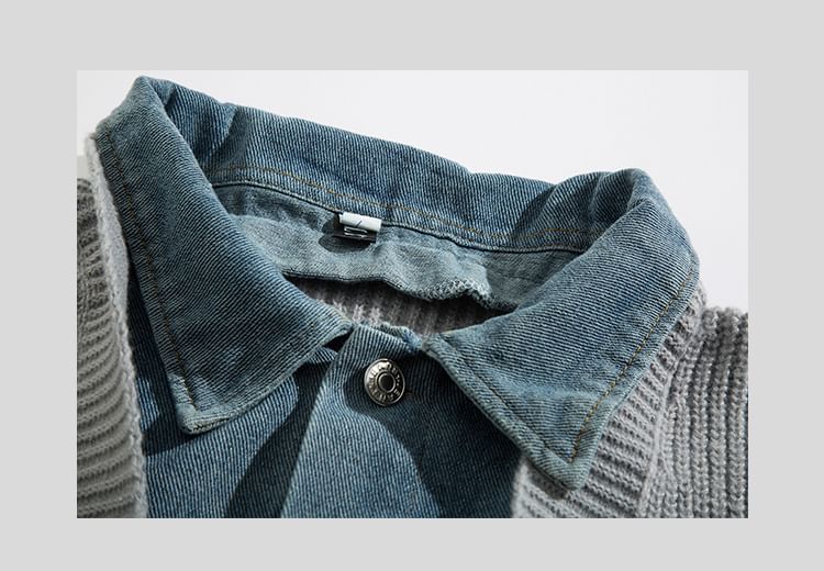 Yelmenor - Geribbeld vest met tweedelige kraag en denim paneel