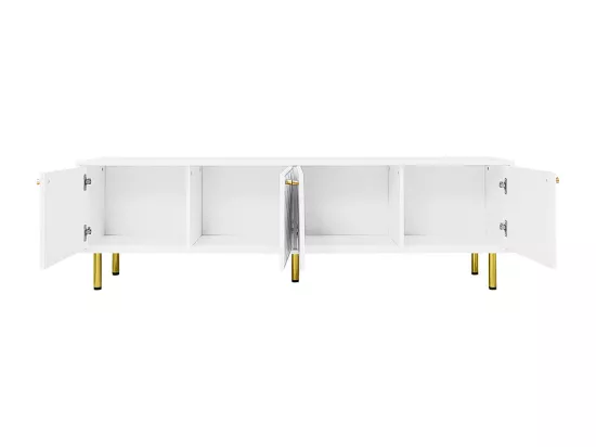 Banc TV avec quatre portes,poignées et pieds en métal doré,170x30x60 cm,Blanc