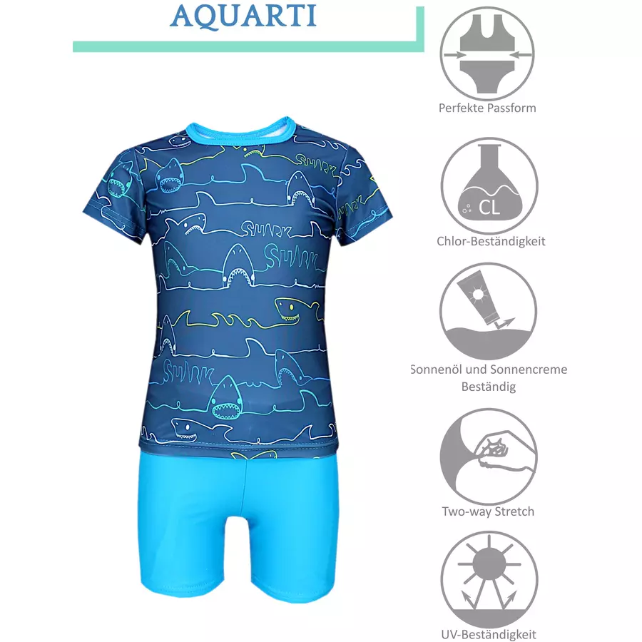 Aquarti Baby Jungen Bade-Set Zweiteiliger Badeanzug T-Shirt Hose blau Modell 1