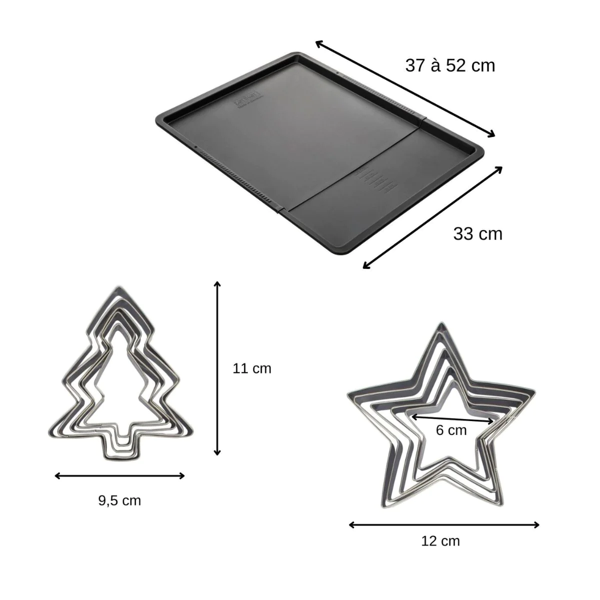 Ensemble avec plaque à pâtisserie extensible et 10 emporte-pièces Zenk