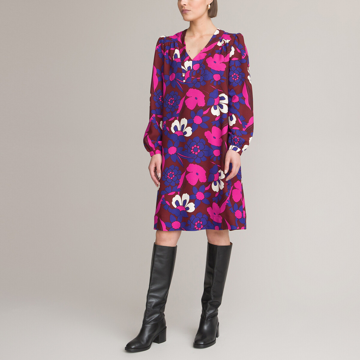 ANNE WEYBURN<br>Vestido reto, estampa floral, comprimento midi