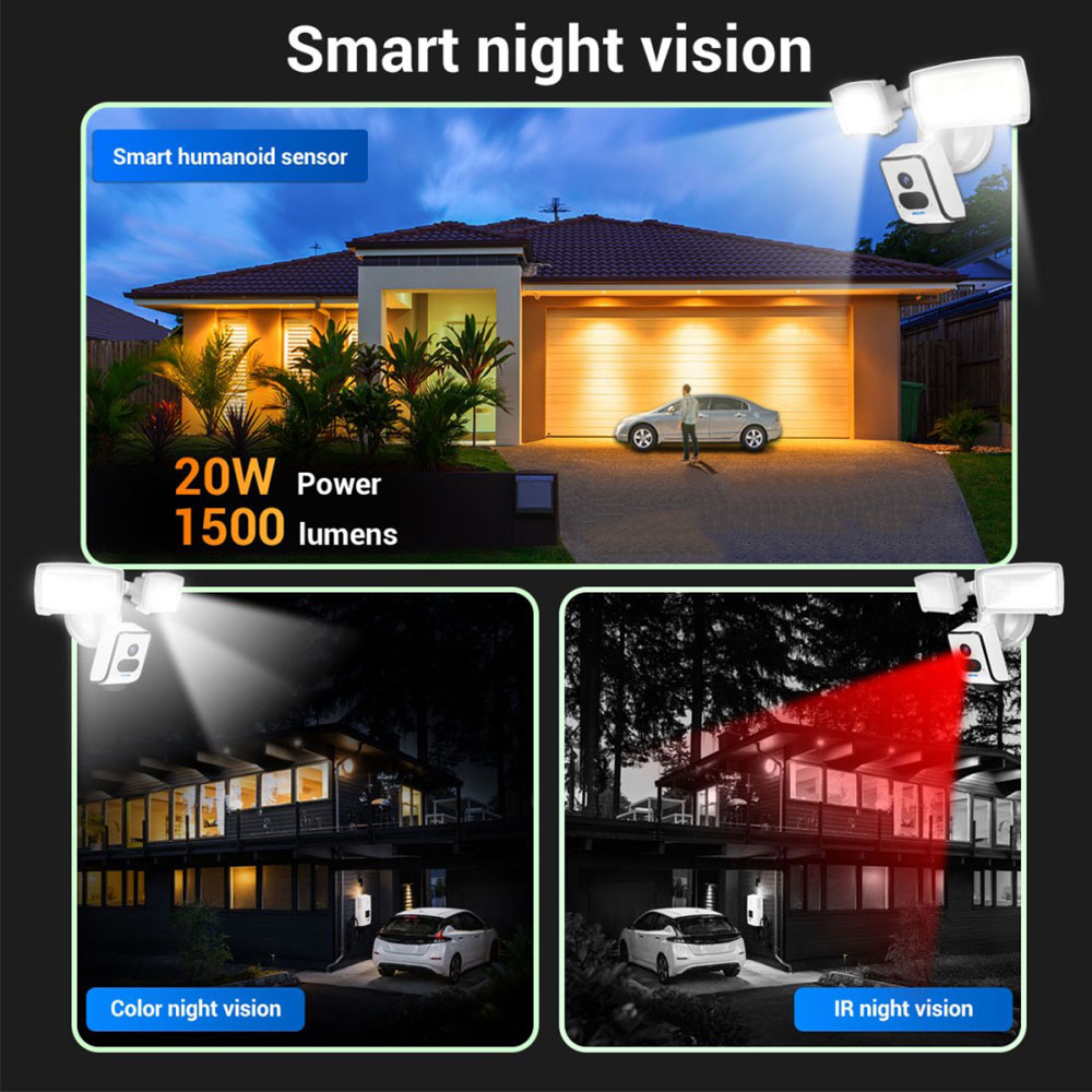 WiFi IP Kamera 3MP 1296p mit Nachtsichtfunktion / Micro SD / Scheinwerfern (1500 Lumen)  und Wandhalterung für iOS/Android (IP66) - Weiss