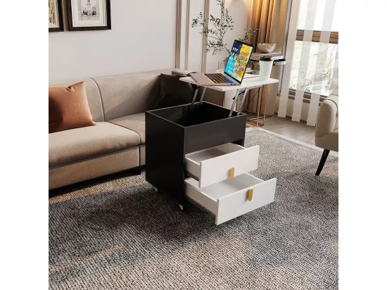 Table de chevet avec port de charge USB, table relevable, poulies amovibles, deux tiroirs, noir + blanc