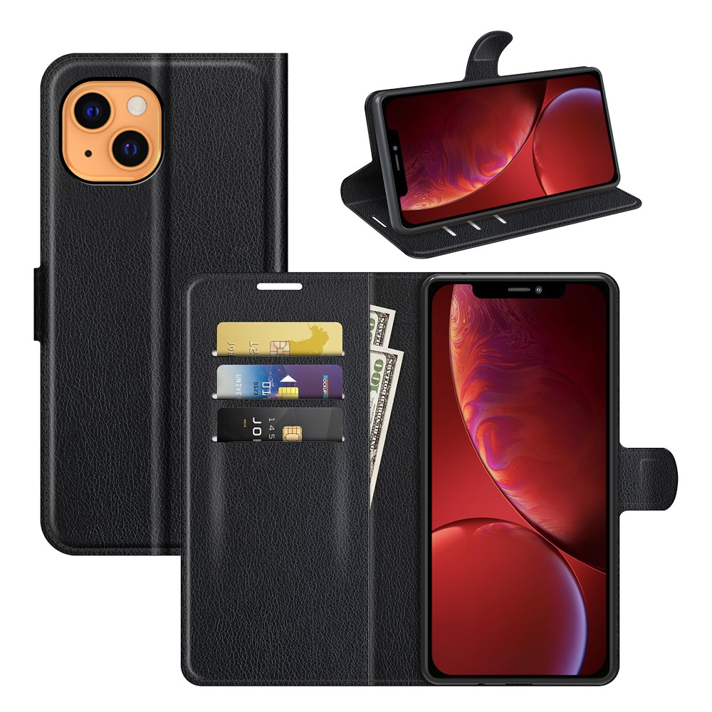 iPhone 13 Leder Tasche Flip Cover Litchi Look - Schwarz