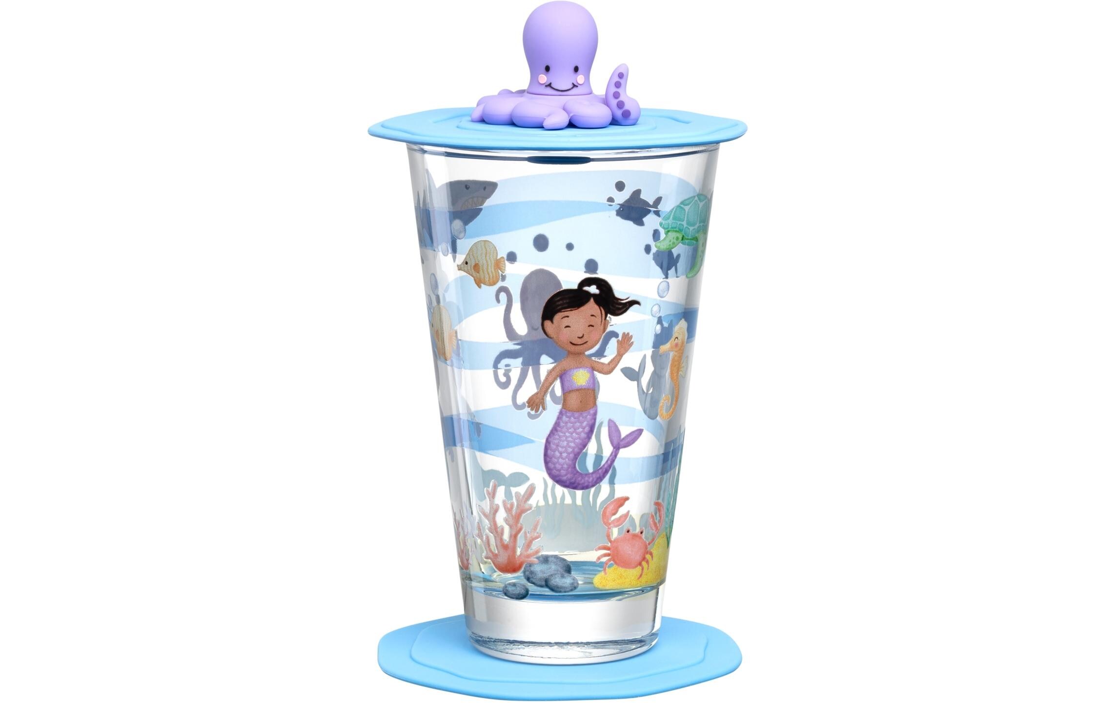 Kindertrinkglas Avventura 300 ml, 3-teilig, MeerTrinkglas für Kinder mit Deckel und Untersetzer