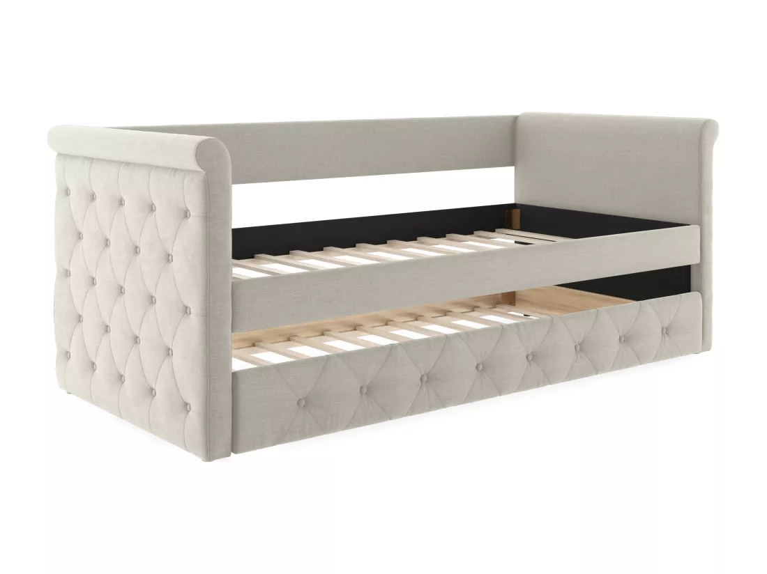 Lit banquette gigogne capitonné - 2 x 90 x 190 cm - Tissu - Beige - LOUISE