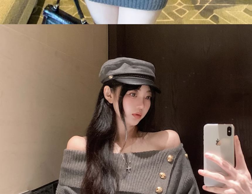Mikiko - Lange mouw off-shoulder effen gebreide mini-jurk