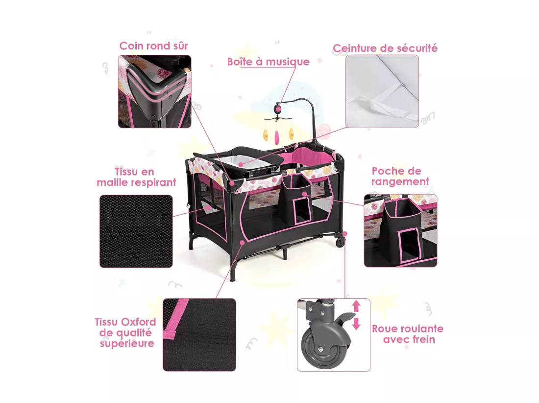 3 en 1 Lit Parapluie pour Bébé avec Arceau de Jeu en Tissu Oxford avec Centre Musical et Table à Langer pour Bébé 0-36 Mois Hauteur Réglable
