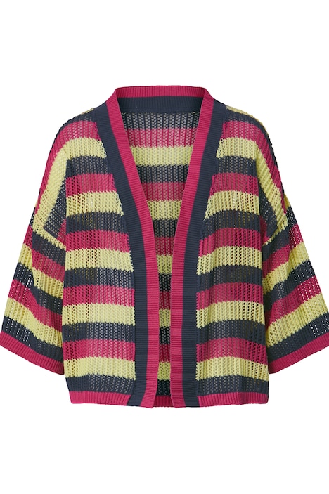 Strickjacke, oversized, Rippstrick, Streifen, offene Form, 3/4-Ärmel