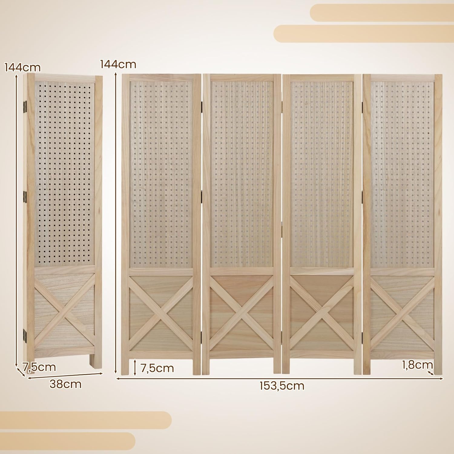 COSTWAY Paravent mit Stecktafel, 153,5 x 144 cm, Raumteiler klappbar, 4 teilige Trennwand Holzrahmen, Sichtschutz Innen Outdoor, dekorativ, Natur