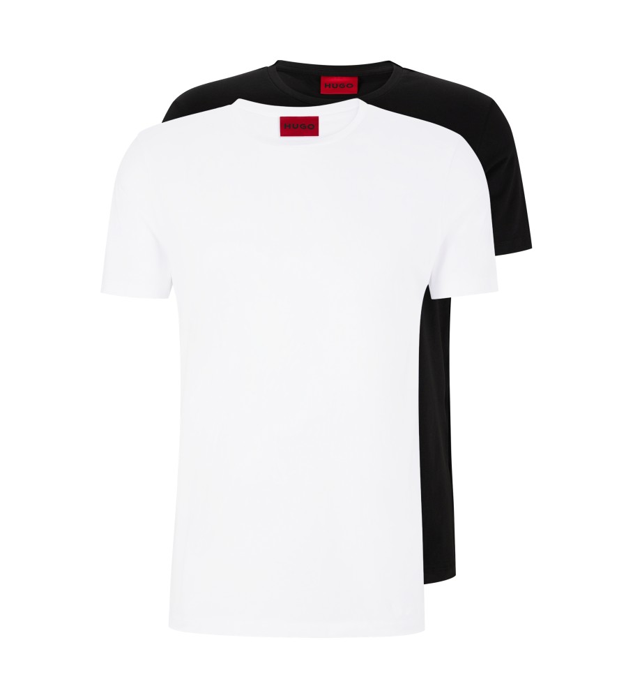 Conjunto de 2 camisetas redondas HUGO, uma branca e outra preta.