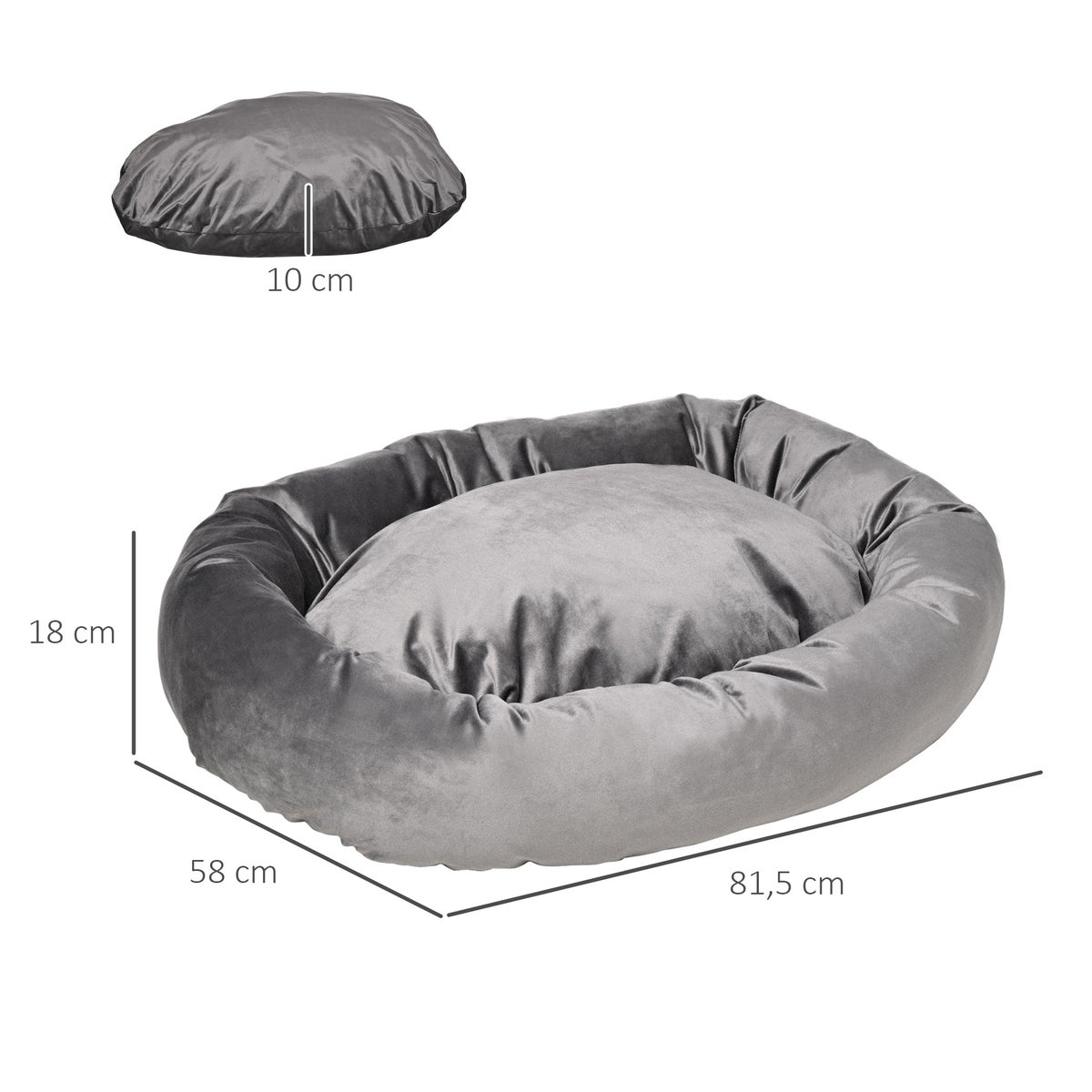 PawHut Huisdierbed, 81,5L x 58B x 18H cm, Fluweelachtig Polyester, PP Katoen, Donkergrijs