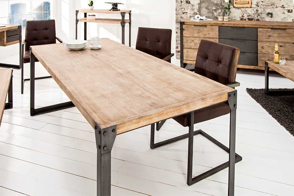 Industrial Design Esstisch FACTORY 160cm Akazie teak-grau weiß gekälkt Metallbeine Kufe