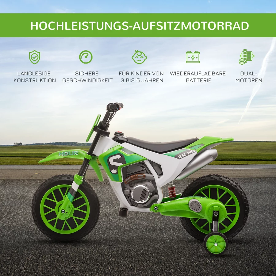 HOMCOM Kinder Elektromotorrad mit 2 abnehmbaren Stützrädern grün