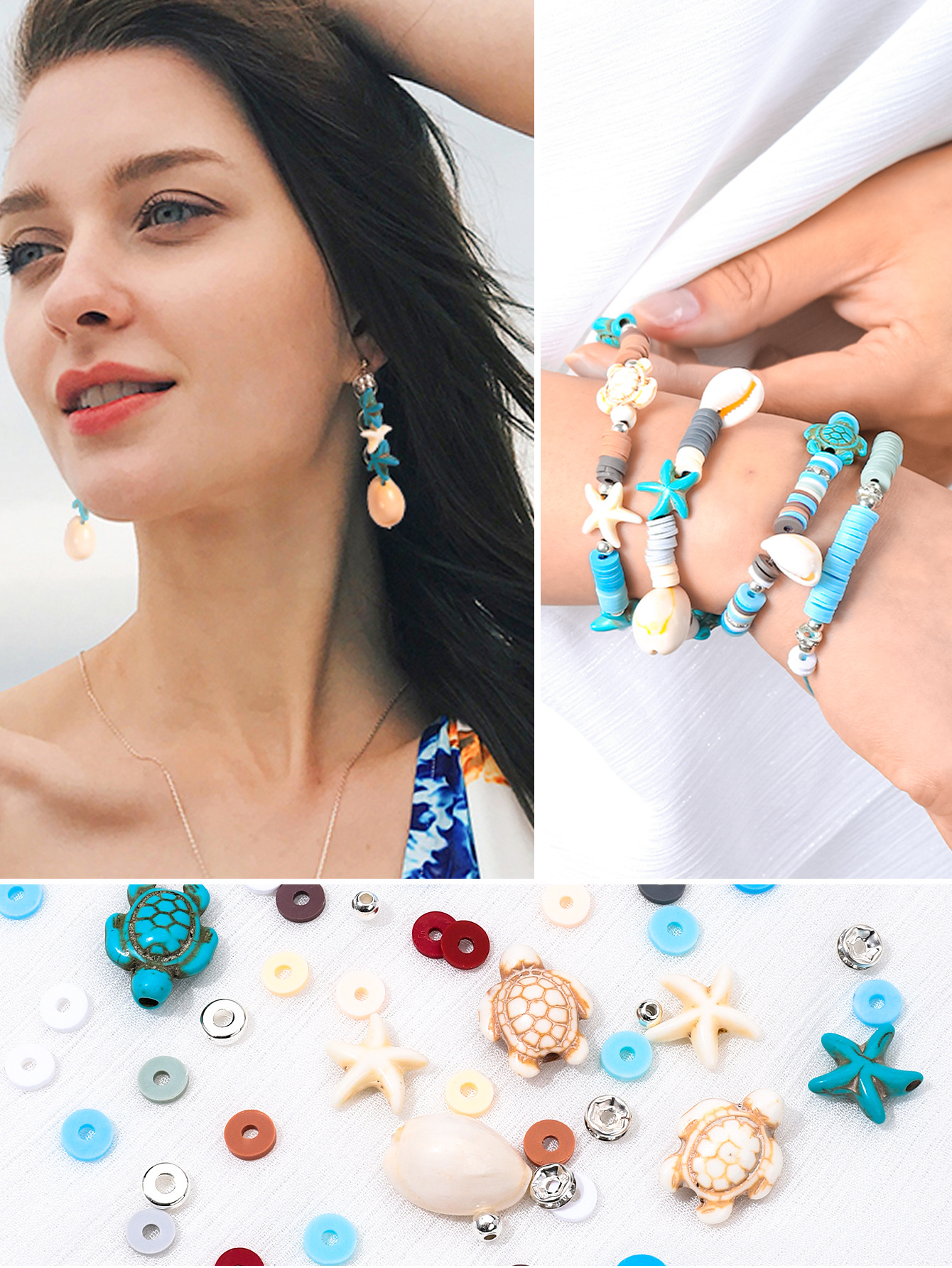 (2680-tlg. Set) Flache Gummi Perlen DIY Bastel Schmuck Muschel Zwischenperle für Armband / Kette - Blau / Weiss
