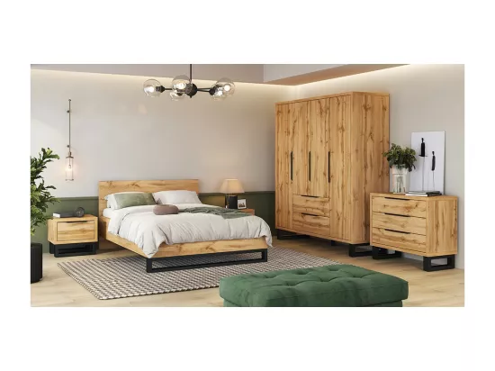 Chambre compléte industrielle MILOS : Armoire 4 portes, lit 140x200, commode, chevets, chêne brut/noir