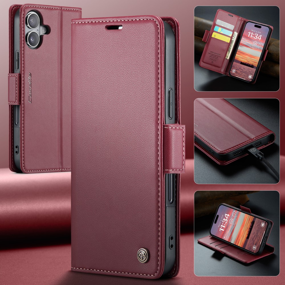 iPhone 16 Leder Tasche Flip Wallet Etui mit Kartenfächern Litchi Look (RFID Schutz) - Rot