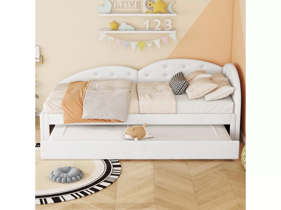 Lit banquette 90x200cm en similicuir + lit gigogne 80x190cm - Blanc