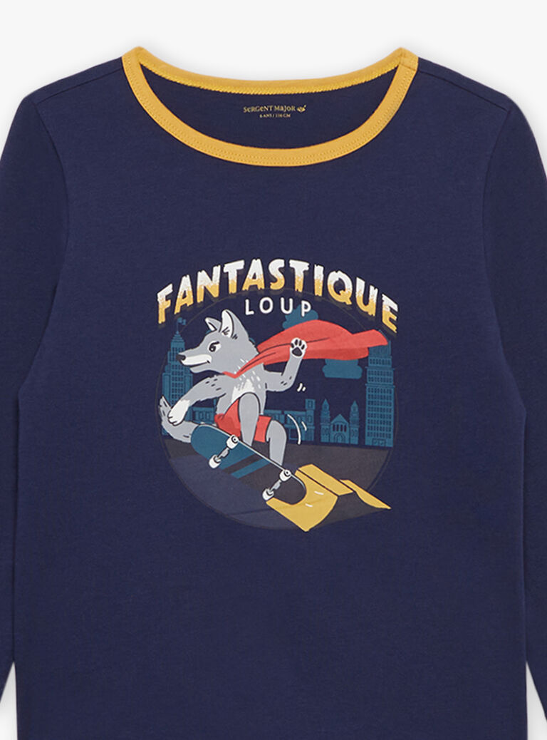 Pyjama deux pièces bleu foncé en coton avec cape tête de loup