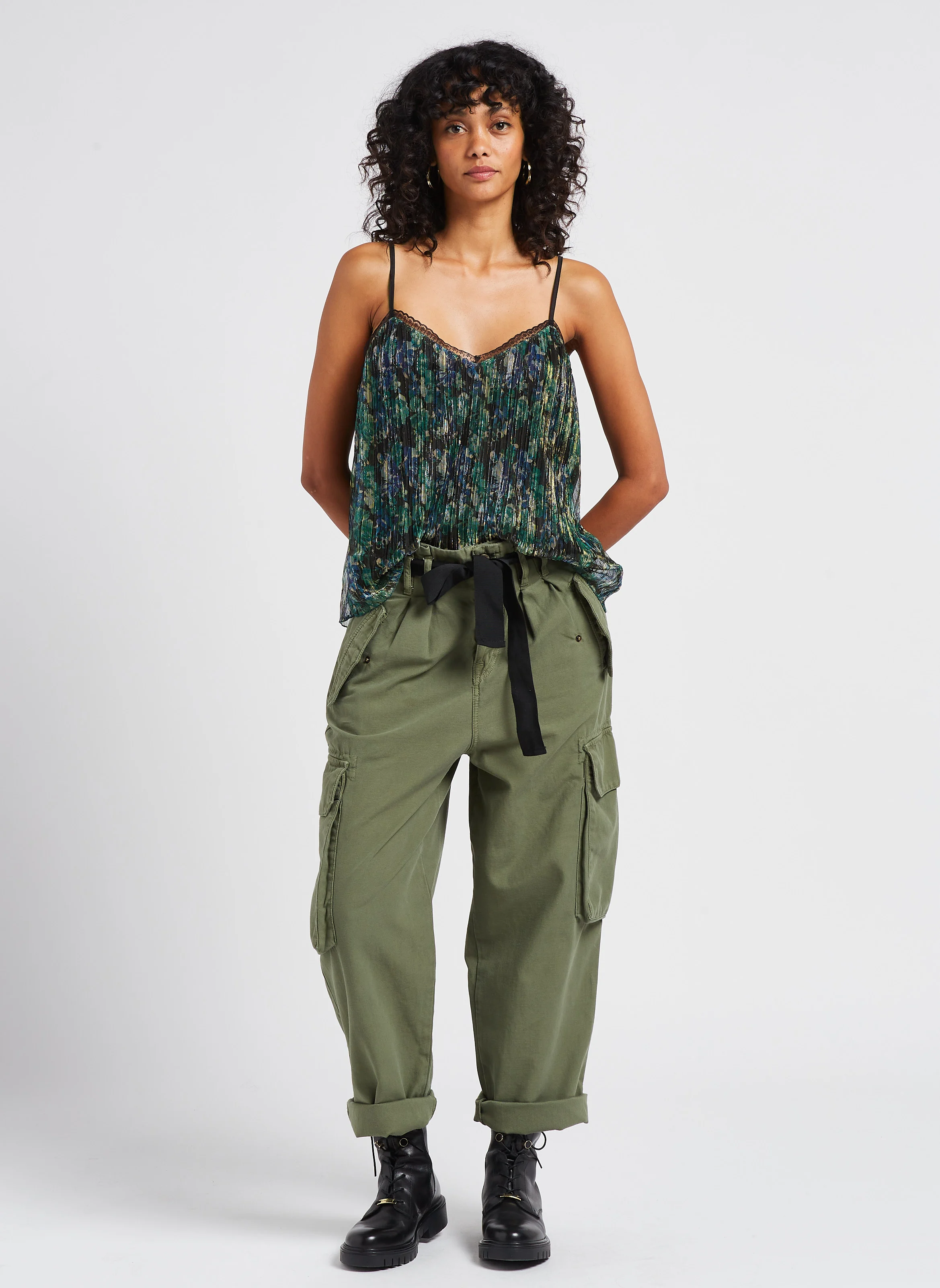 AMBROISE - Pantalon treillis taille haute en coton | Vert