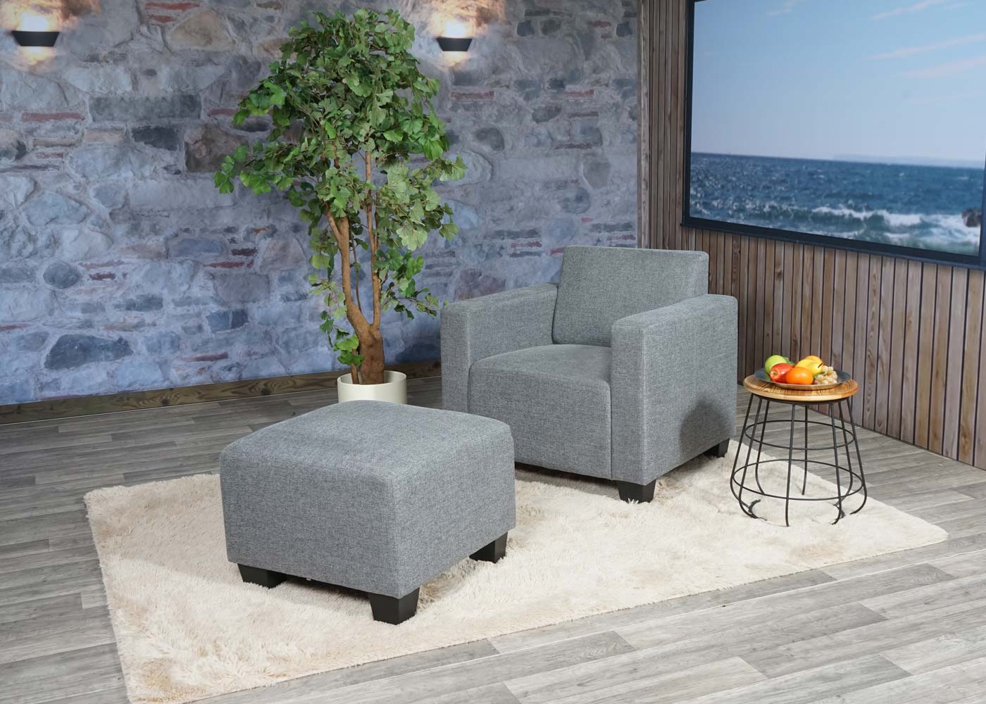 Modular Sessel Loungesessel mit Ottomane Moncalieri, Stoff/Textil ~ grau