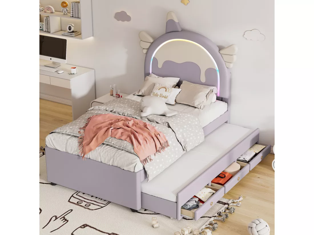 Lit gigogne 90 x 200 cm + 90 x 190 cm avec 3 tiroirs - Tête de lit en forme licorne - Similicuir - Violet