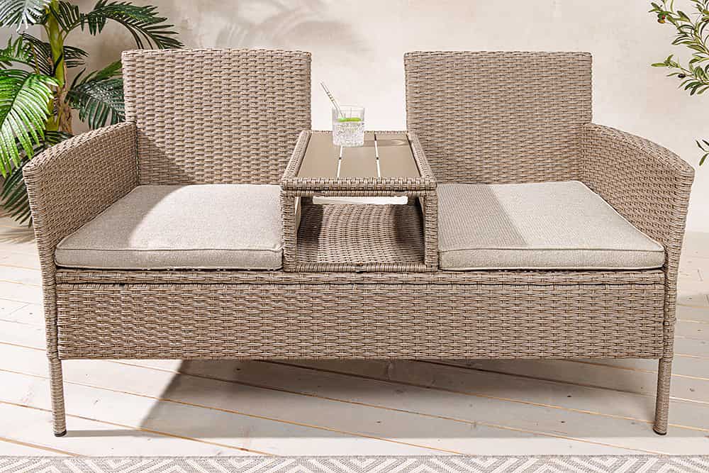 Moderne Gartenbank PORTOFINO 140cm natur beige Polyrattan Sitzbank mit Tisch wetterfest