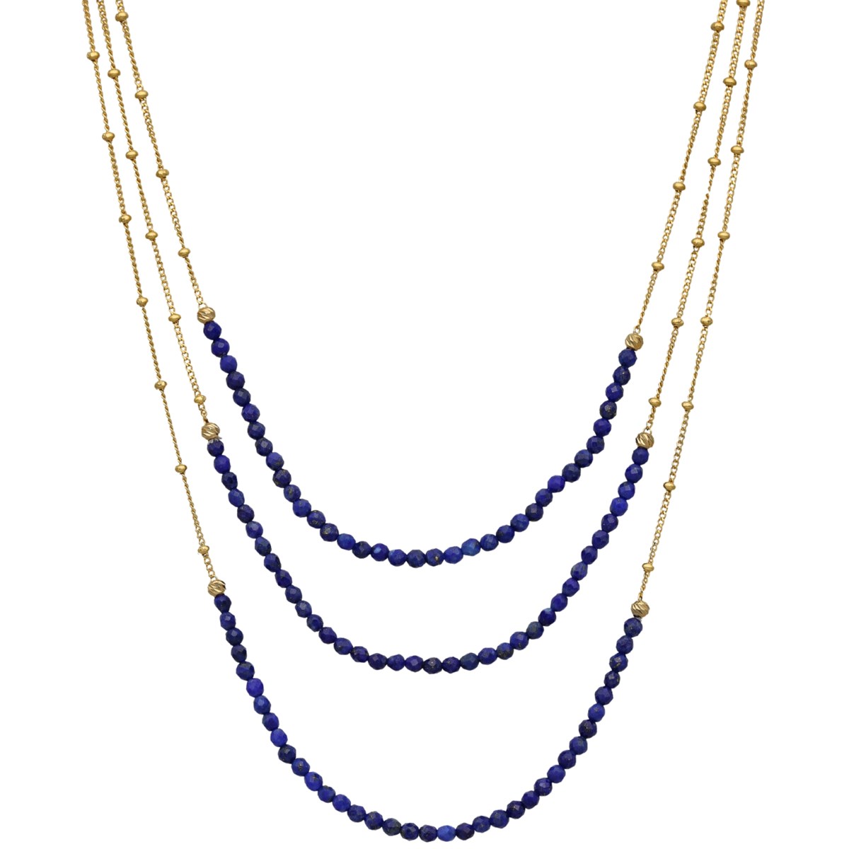 Collier Argent Dorée Trois Chaines Et Pierres Naturelles Lapis