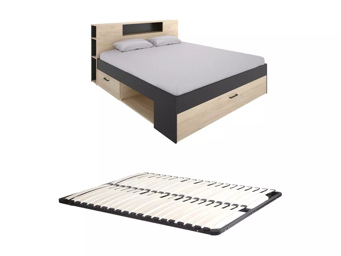 Lit avec tête de lit rangements et tiroirs - 160 x 200 cm - Coloris : Naturel et anthracite + Sommier - LEANDRE
