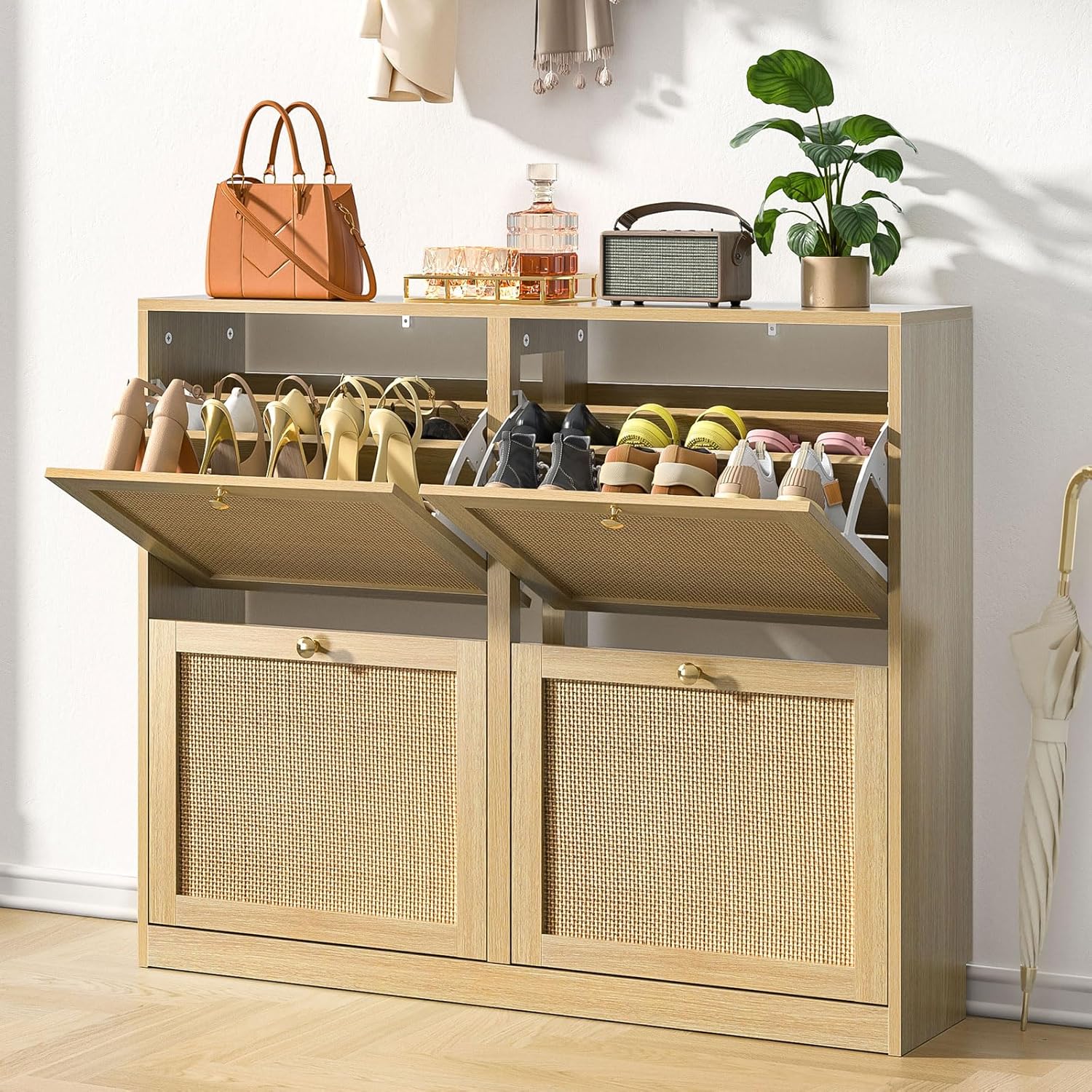 Meuble à Chaussures et Rotin avec 4 Abattants, Armoire à Chaussures pour 16 à 24 Paires avec étagère réglable, Grande Capacité pour Couloir, Entrée, Antidumping,102 x 23 x 84 cm, Chêne YX5193221