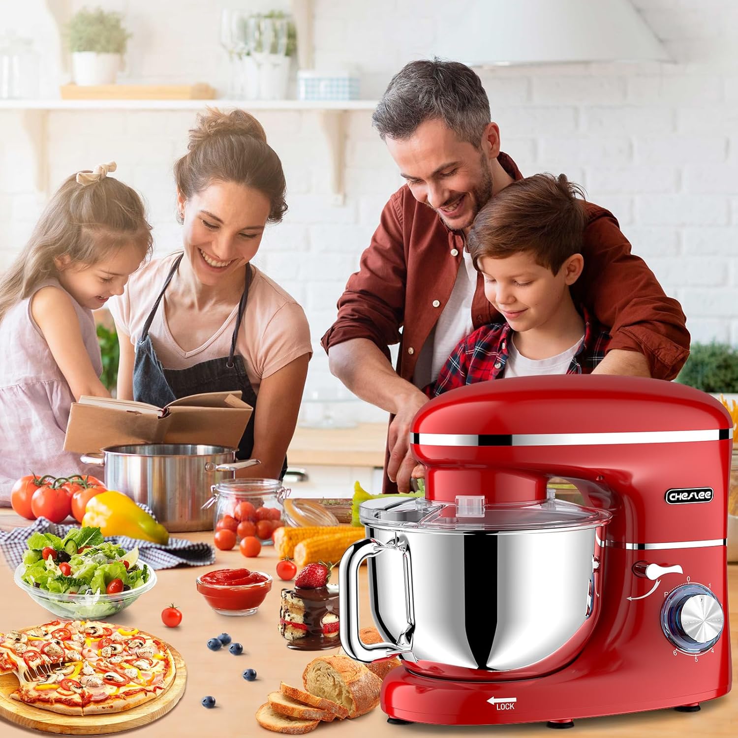 CHeflee Küchenmaschine Teigmaschine 2000W Knetmaschine,Mit 6.2L EdelstahlschüSsel,6 Geschwindigkeit Reduzierte GeräUsche,Mit RüHrbesen,RüHrhaken,SpritzwassergeschüTzter Knetmaschine Mit Knethaken