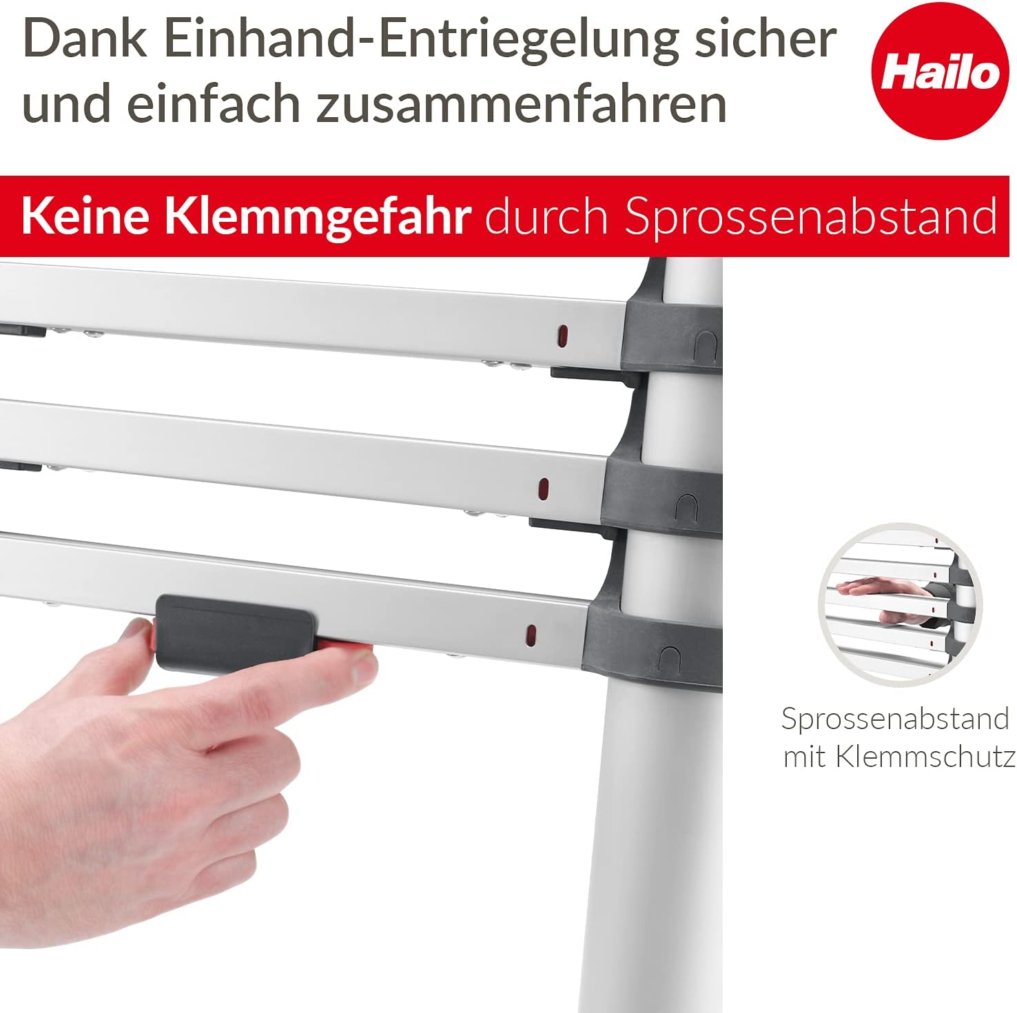 Hailo T80 FlexLine Alu-Sicherheits-Teleskopleiter - ausziehbare Anlegeleiter mit 9 Sprossen - Arbeitshöhe bis 340 cm - Gewicht 8,1 kg - Silber