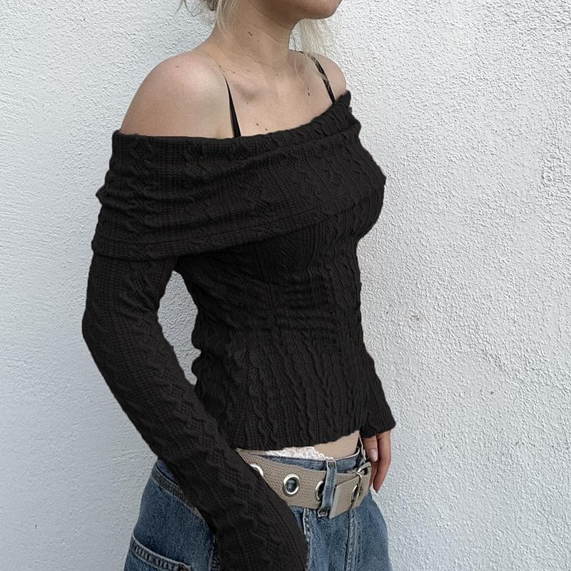 Sosana - Lange mouwen off-shoulder effen kabelgebreide crop trui