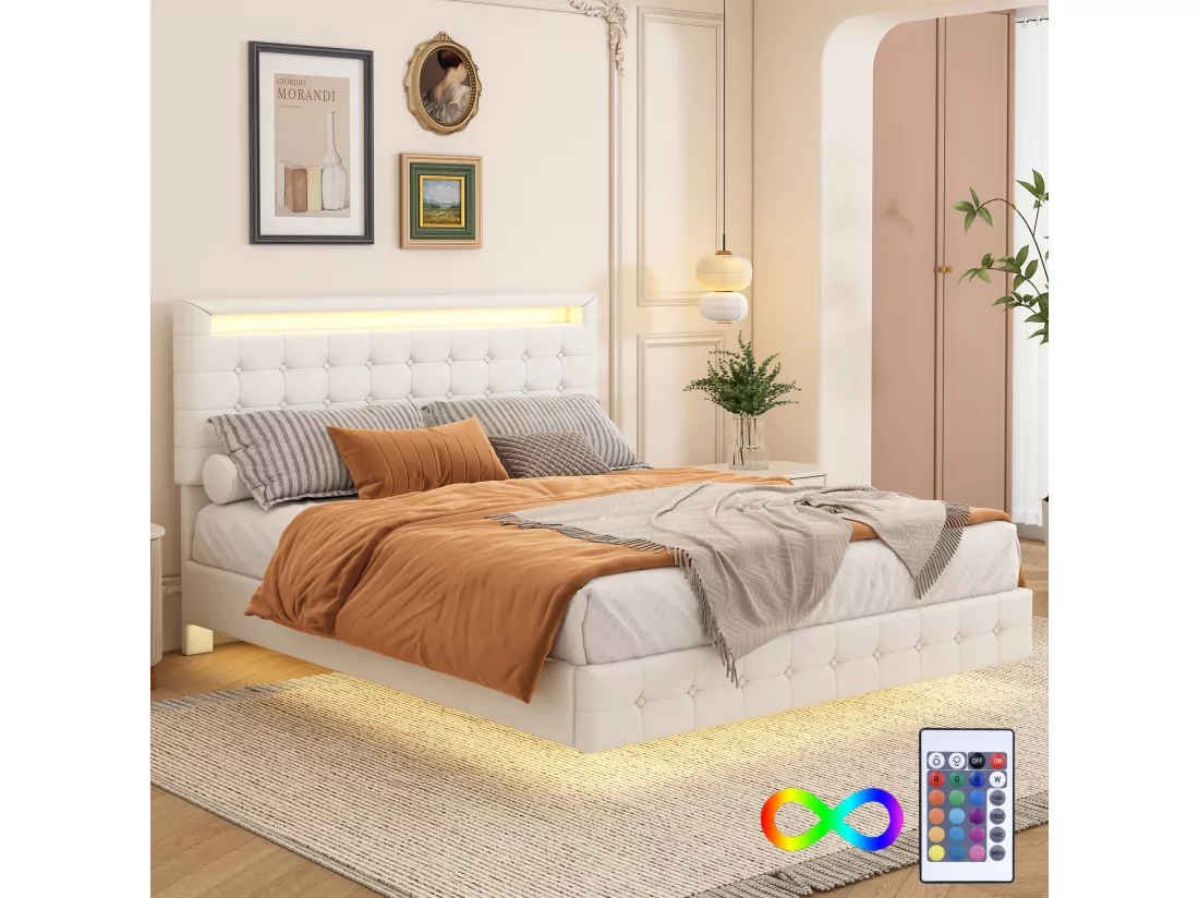 Lit adute 140x200cm en similicuir - avec LED et télécommande - Blanc