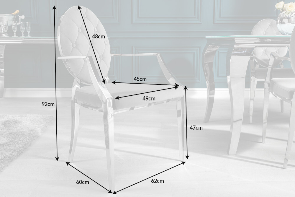 Eleganter Stuhl MODERN BAROCK edel-grau Samt mit Armlehnen und Zierknöpfen
