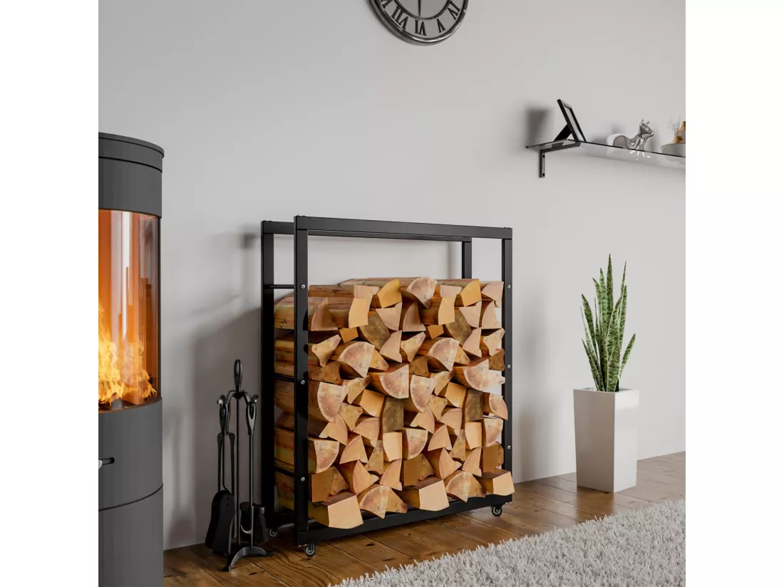 Etagère bois de cheminée - Métal - 25x80x100 cm - Noir - Keri