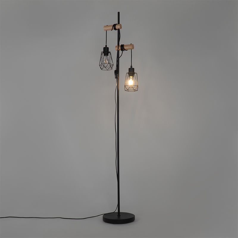 Landelijke vloerlamp zwart met hout 2-lichts met kap - Dami Frame