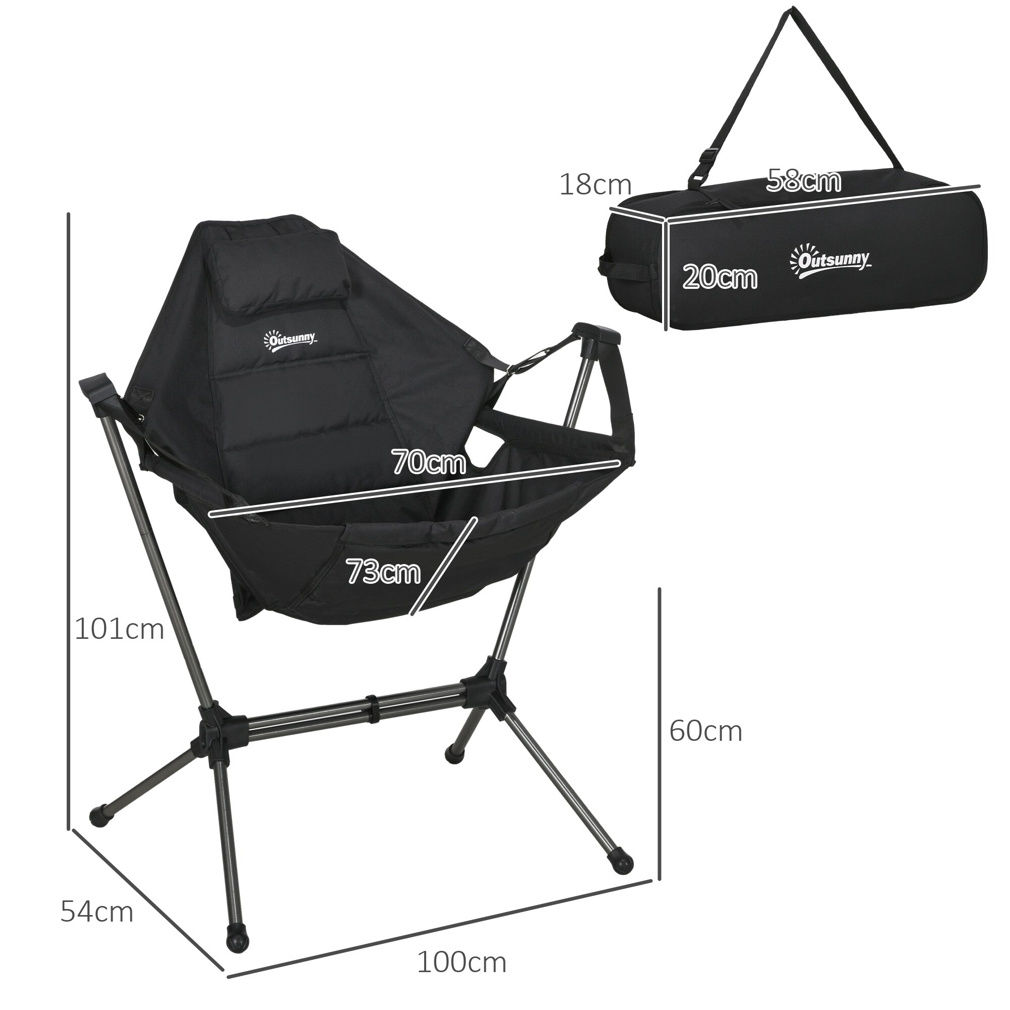 Outsunny Campingstuhl mit Schaukelfunktion schwarz 54L x 100B x 101H cm