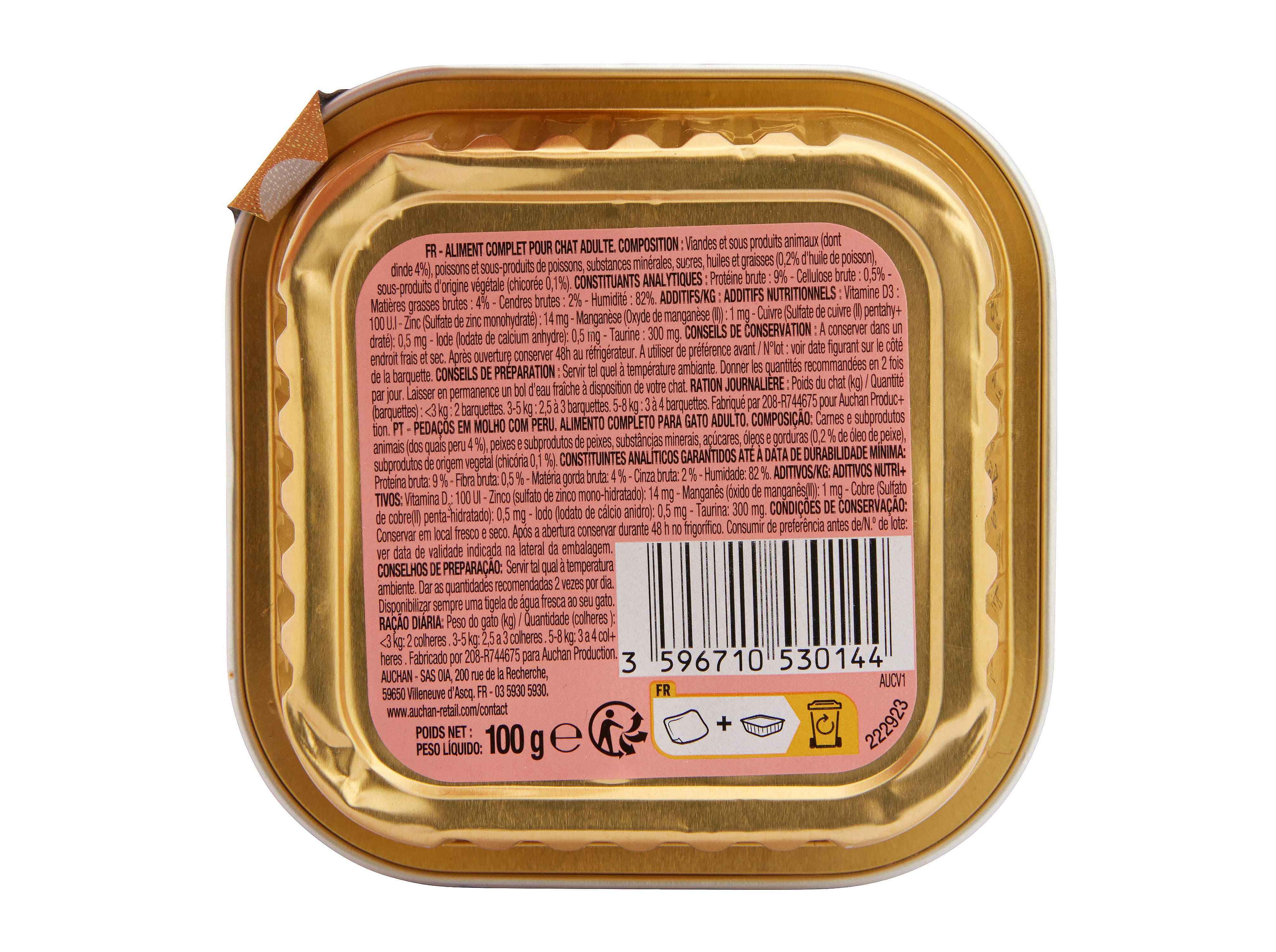 COMIDA HÚMIDA PARA GATO AUCHAN PEDAÇOS EM MOLHO COM PERU 100G
