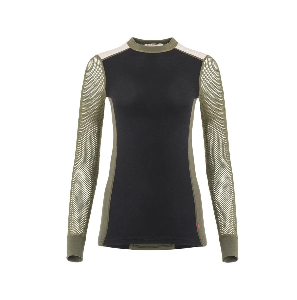 Aclima Women's WoolNet Hybrid Crew Neck Jet Black/Olive Night/Beige Melange