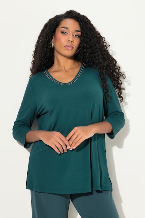 Shirt, Ziersteine, A-Linie, V-Ausschnitt, Langarm