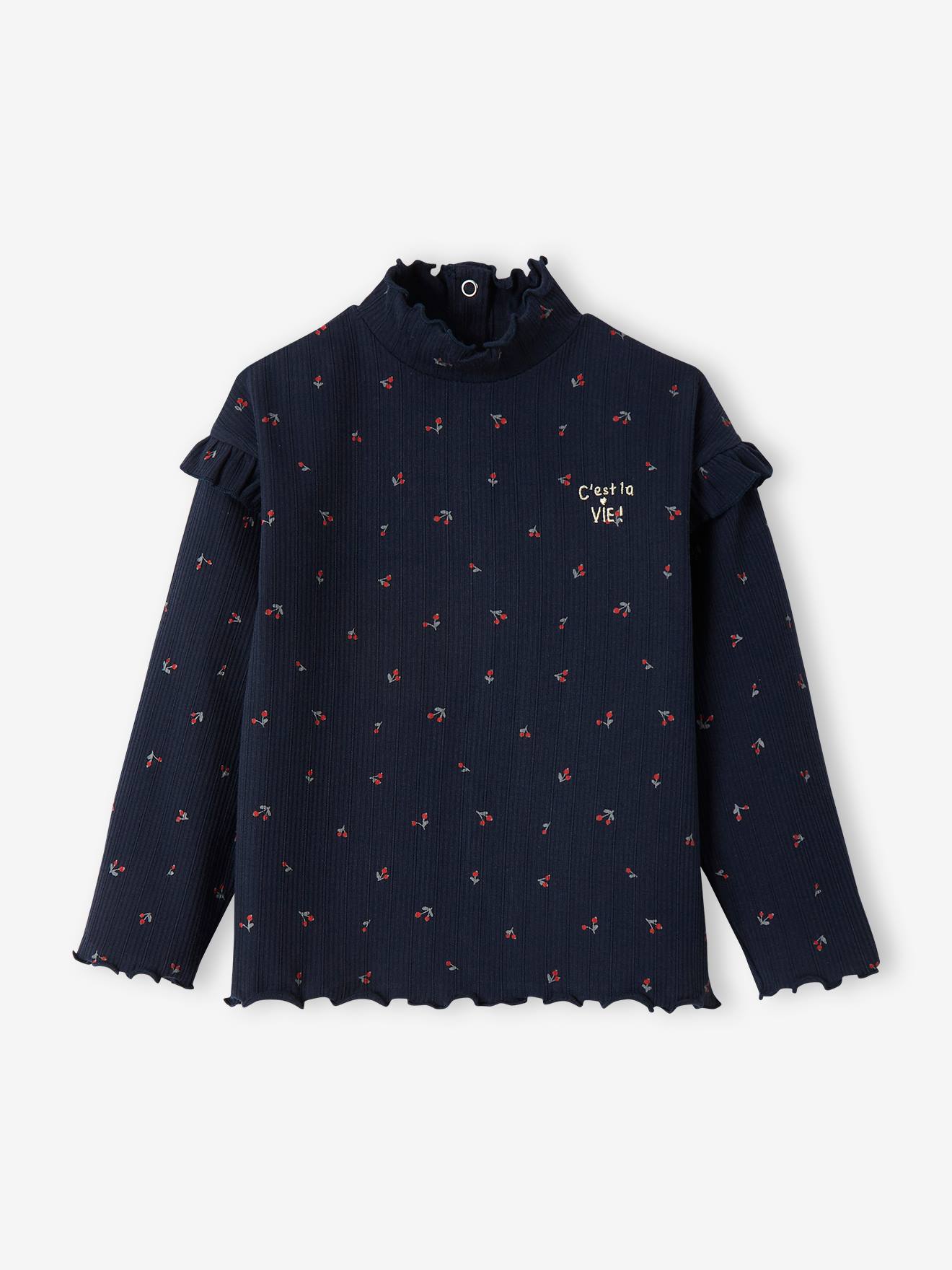 Camiseta de gola alta em malha canelada com mangas franzidas, estampa bege claro, para meninas.