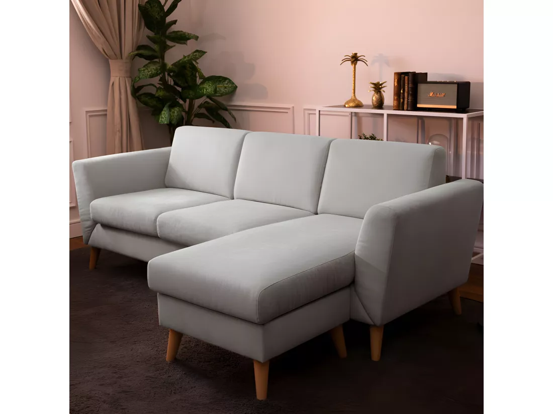 Canapé méridienne 3 places réversible en polyester gris clair