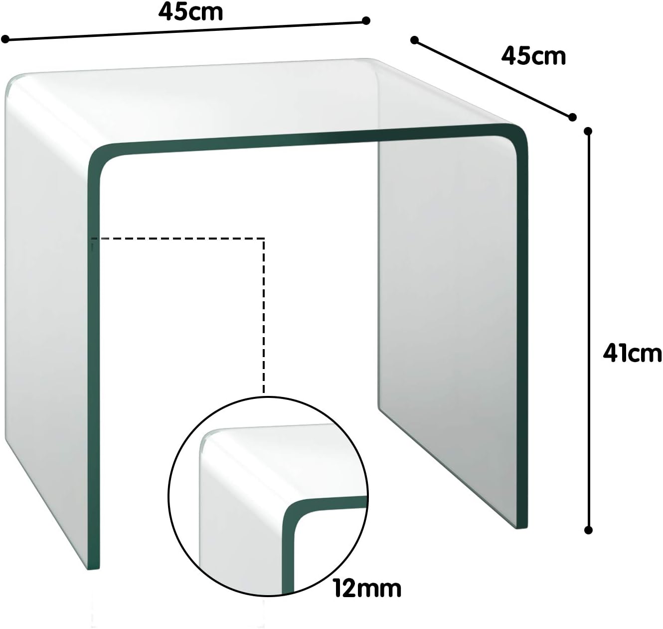 COSTWAY Beistelltisch Glas, Nachttisch U-förmig, transparenter Glastisch quadratisch, Wohnzimmertisch Kaffeetisch Couchtisch für Wohnzimmer, Büro, Schlafzimmer, 45 x 45 x 41cm