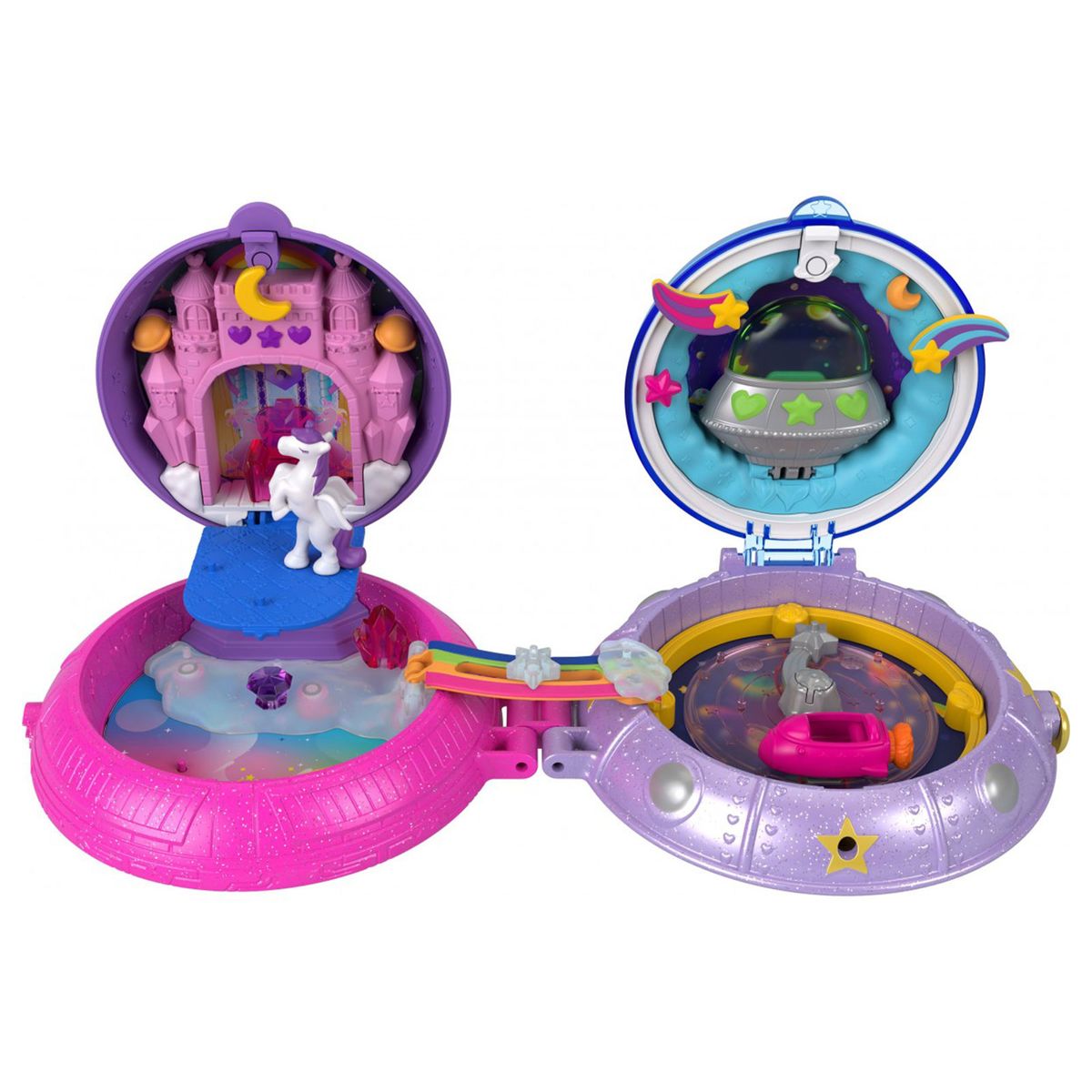 Mattel HCG25 - Polly Pocket - Ufo-Schatulle, Weltraum-Spielset, 2 Puppen, 15 Zubehörteile
