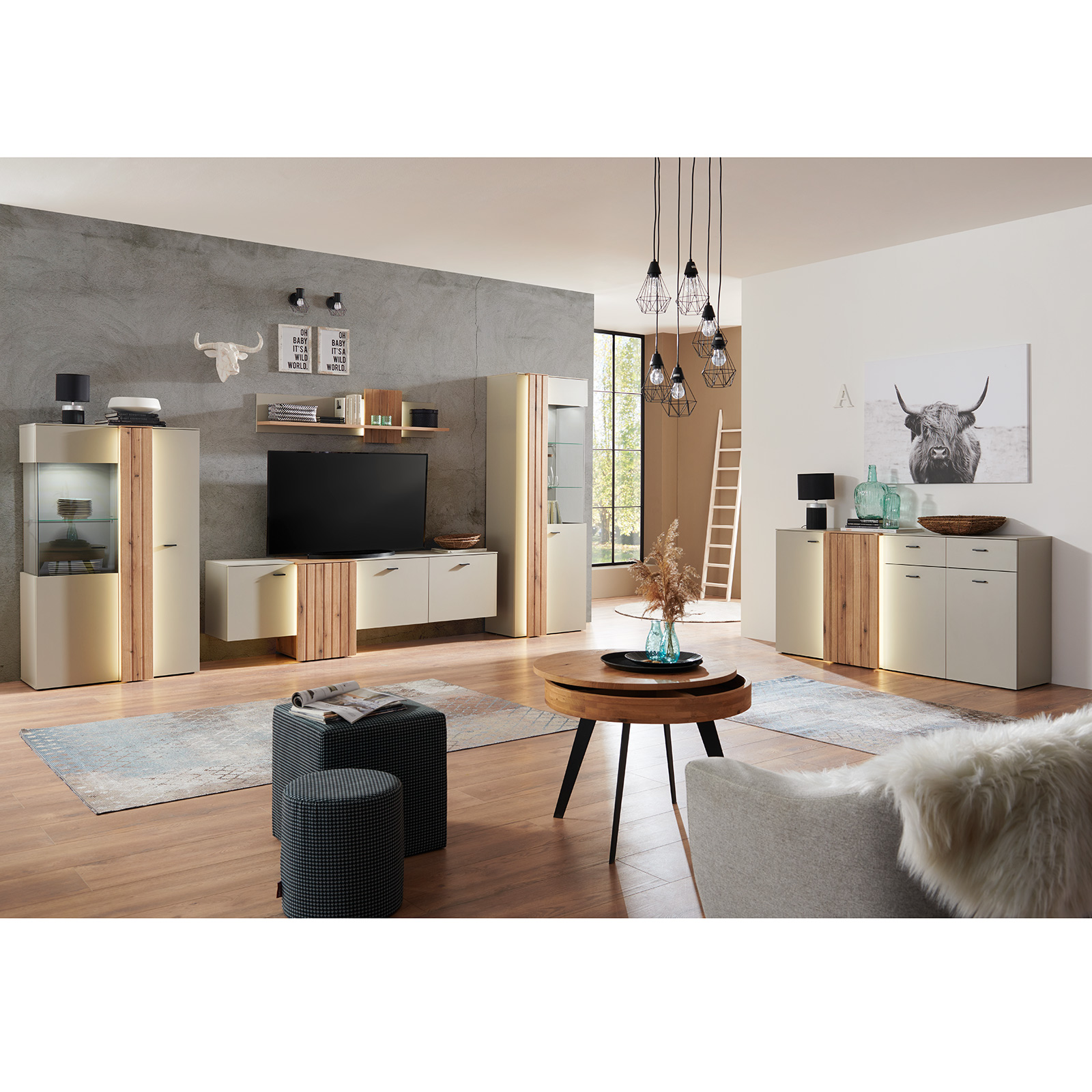 Wandboard SANTANA - Coast Evoke Eiche-kieselgrau - LED-Frontbeleuchtung - 140 cm