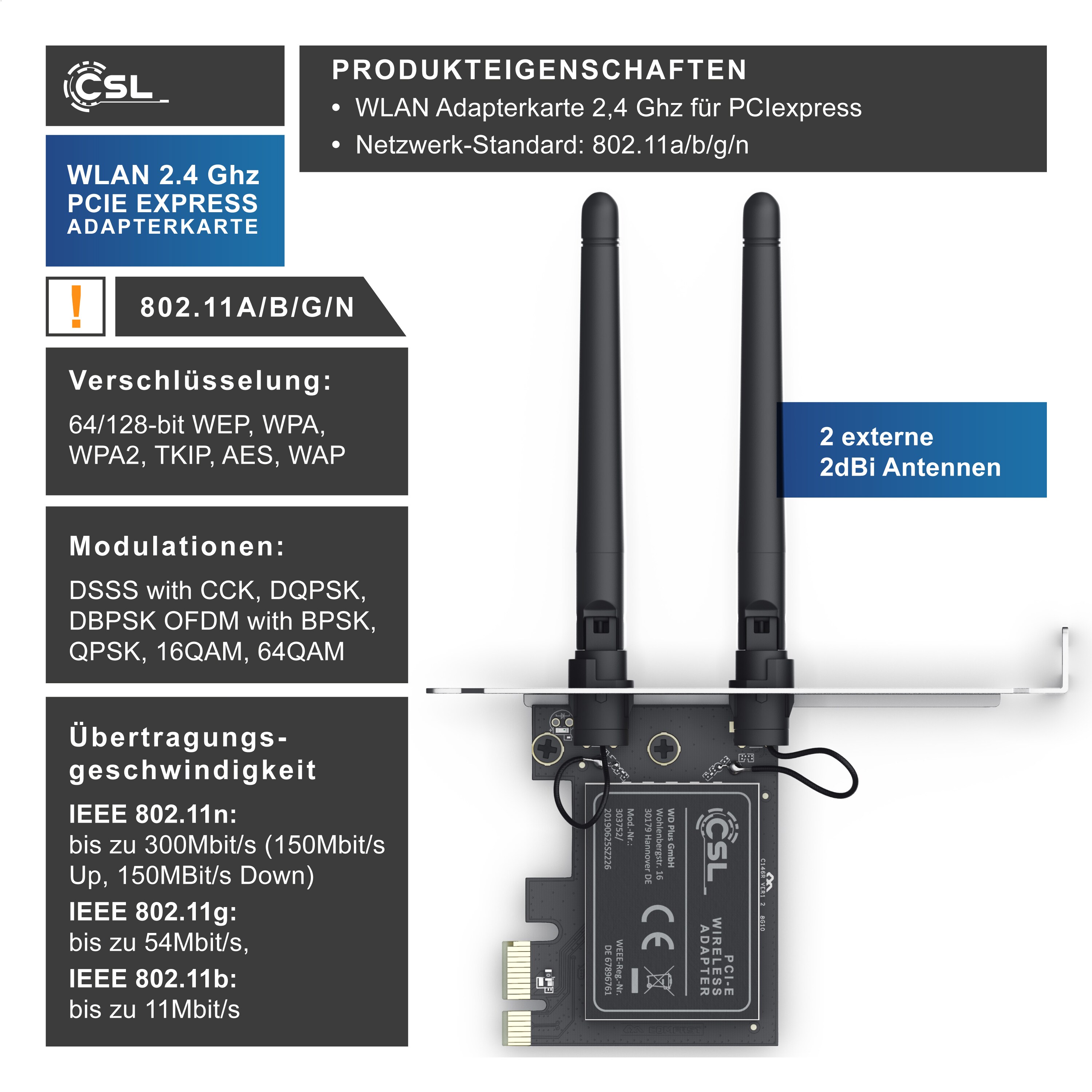 CSL WLAN Netzwerkkarte 2,4 Ghz PCIe - 300 Mbit s WiFi Adapter Karte - 2 Externe 2dbi Antennen