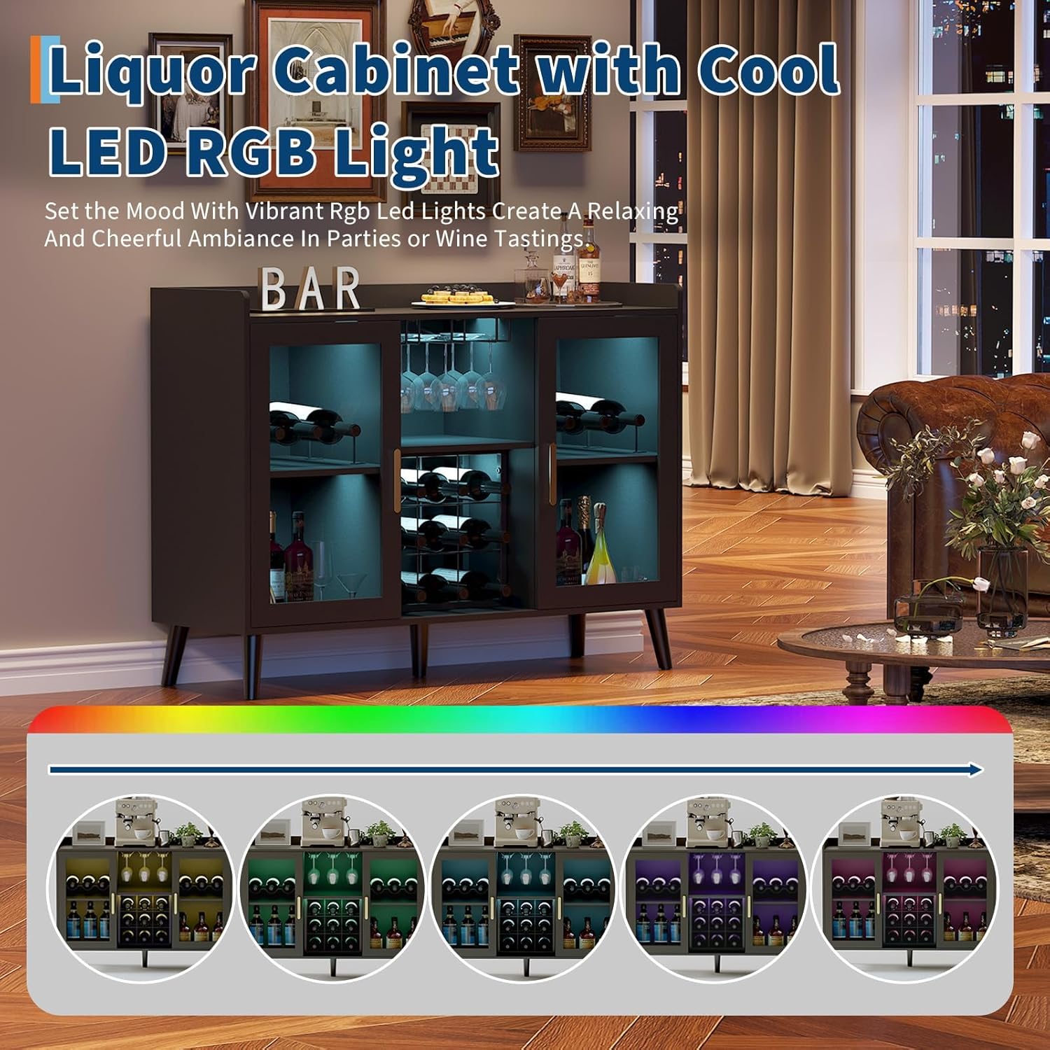 120x40x90cm Weinschränke mit LED Beleuchtung, Barschrank mit Abnehmbarem Weinregal & 9 Glashalter, Weinbarschrank mit 2 Türen für Bars, Wohnzimmer, Küche, Eingangsbereich, Schwarz