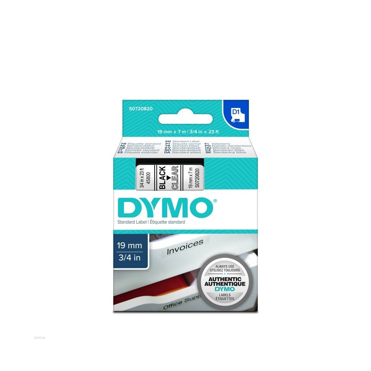 dymo Fargebånd S0720820 45800 19 mm Svart på Transparent