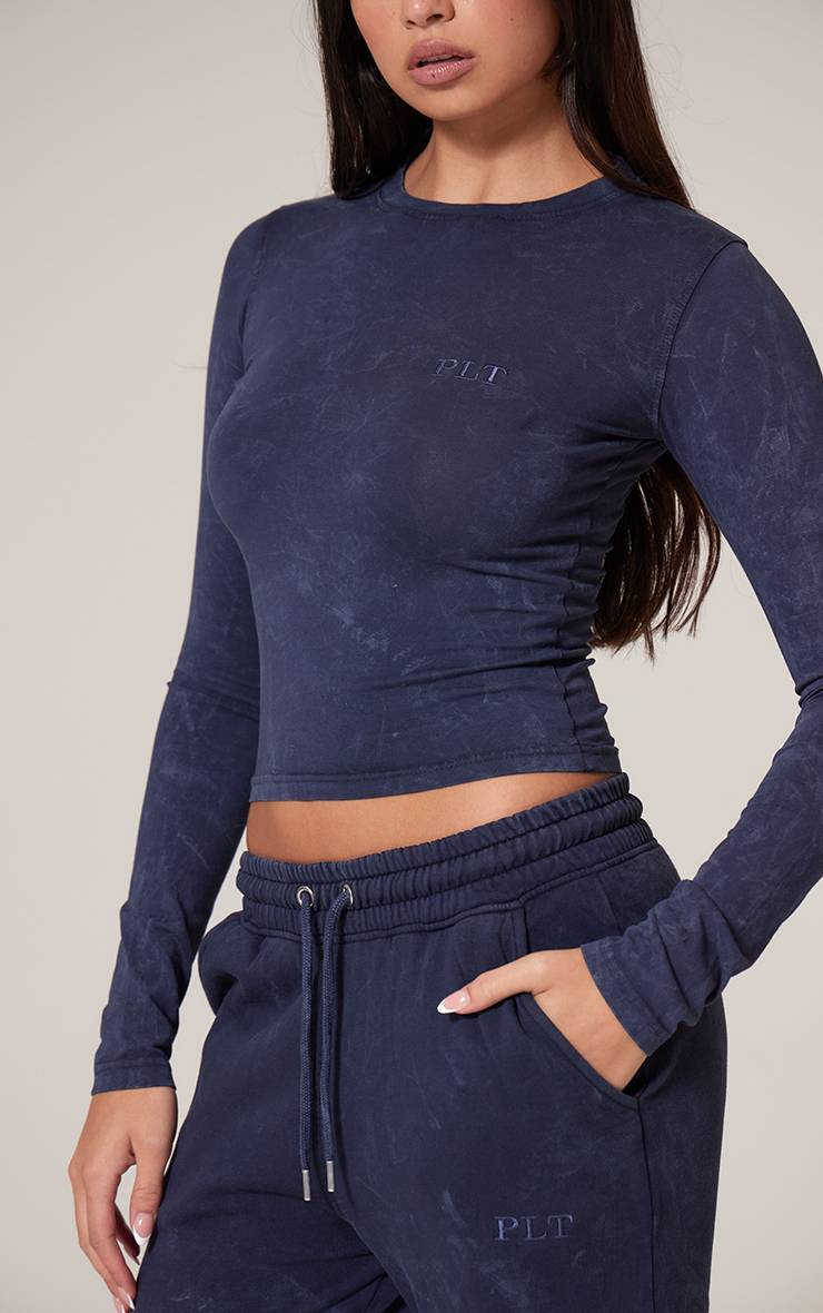 Bleu Marine T-shirt Ajusté À Manches Longues Effet Délavé